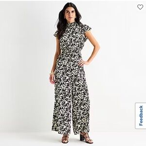MSK Black & White Floral-Print Wide Leg Jumpsuit